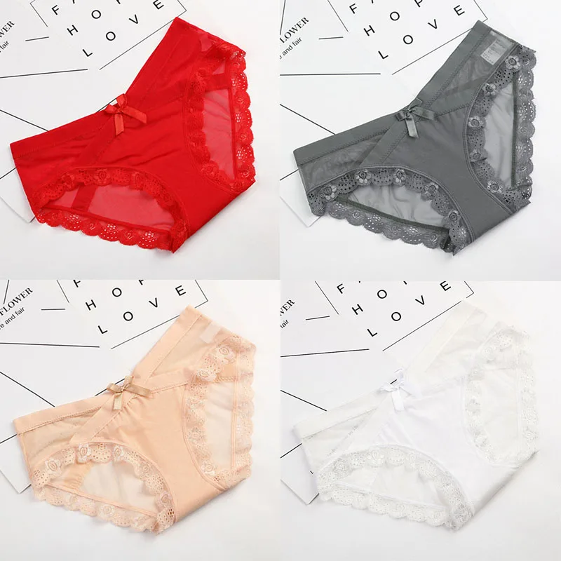 

4pcs/Lot Women Lace Panties Seamless Panty Breathable Briefs For Cotton Crotch Low Waist Transparent Underwear Intimates