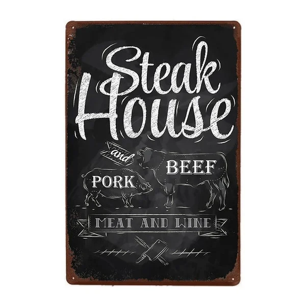 Фото Металлический жестяной знак для стейка дома и говядины свинины мяса вина 8x12