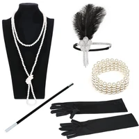 1920s great gatsby party costume accessories set 20s flapper feather headband pearl necklace gloves cigarette holder 5 pcs set