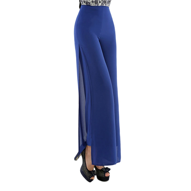 

Women Summer New Wide Leg Pants High Waist Double Layers Side Split Chiffon Zipper Loose Black Elegant Dance Trousers Hot Sale