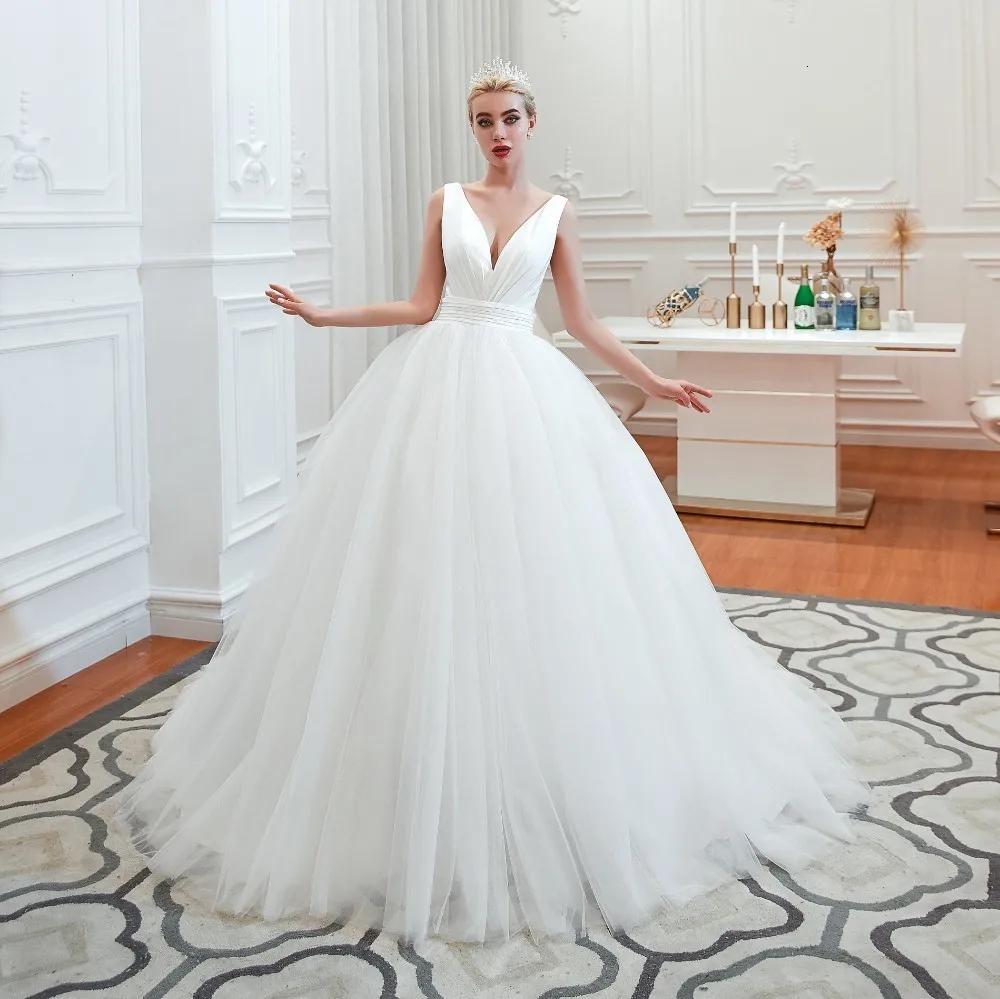 Vivian's Bridal простая многоярусная со складками атласное многослойное Тюлевое свадебное платье сексуальное Глубокий v-образный вырез открытая спина шлейф пушистое свадебное платье