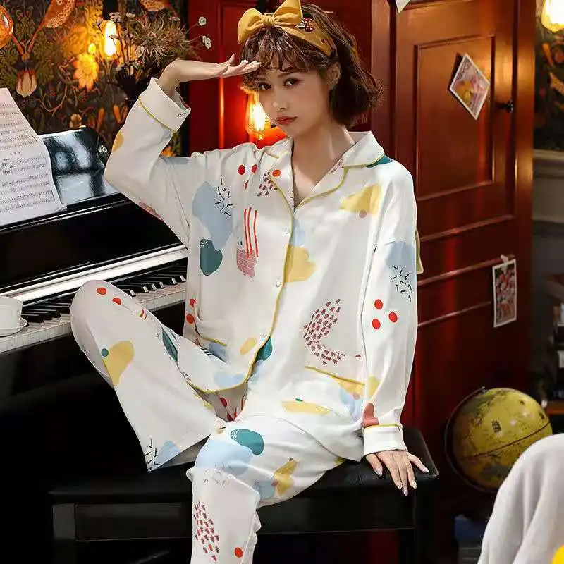 

Пижамный комплект из 100% хлопка, женская пижама, весна размера плюс, милые брюки с длинным рукавом, женская одежда для сна