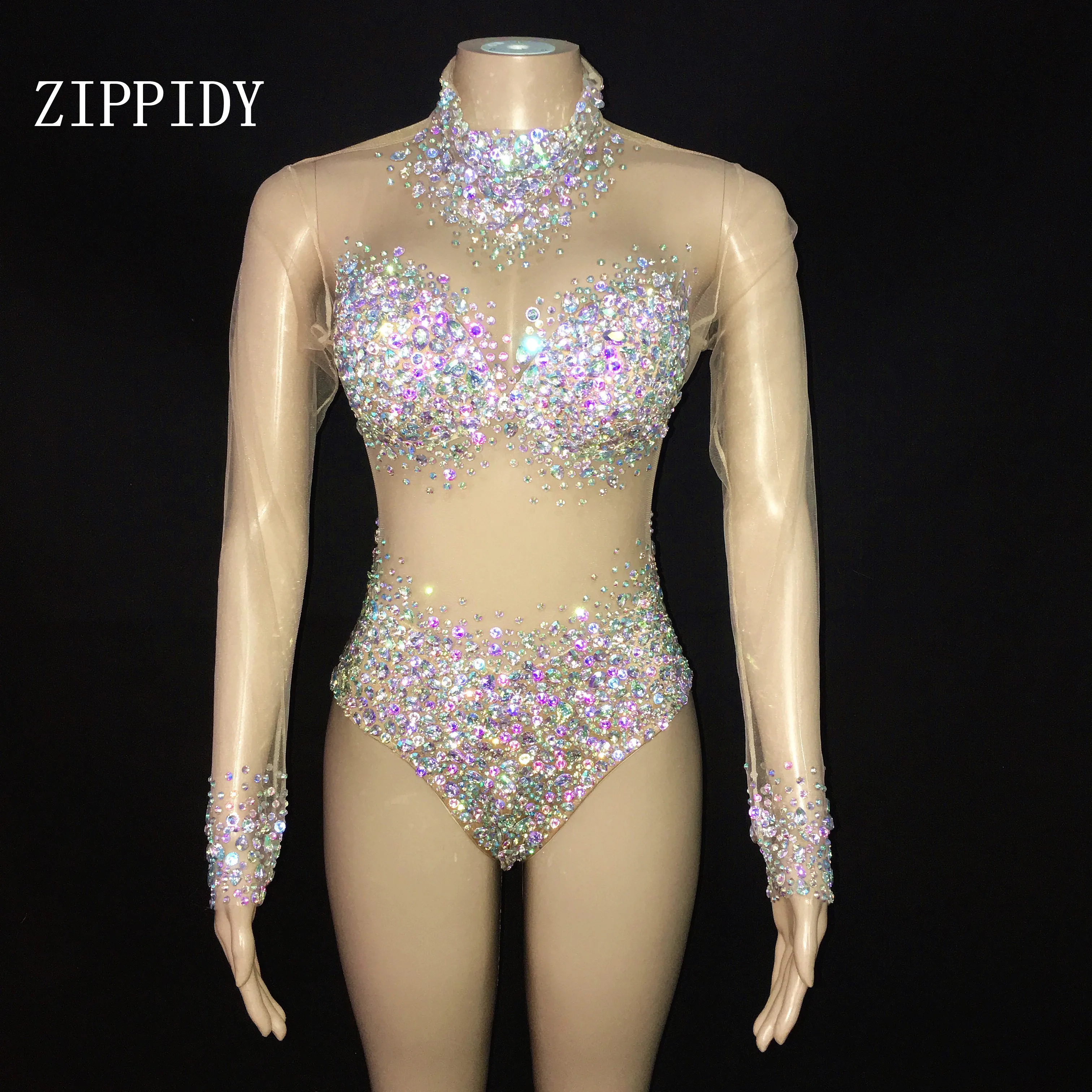 

Transparent Mesh AB Stones Bodysuit Eveing Party Outfit Rhinestones Rompers Women Singer Team Dancer Stage Jumpsuits Costume