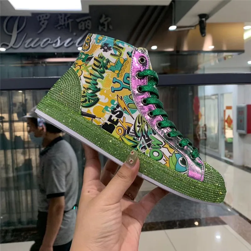 

Green Silver Rhinestone Print Men Flat Shoes Hip-Hop Punk High Tops Sneakers Casual Board Shoes Zapatillas Hombre