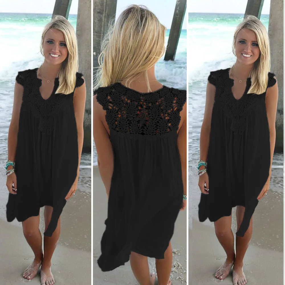 

2018 Sexy Chiffon Women Dress Summer Casual Sleeveless Loose Dress Lady Hollow Out White Tunic Lace Beach Dress Plus Size