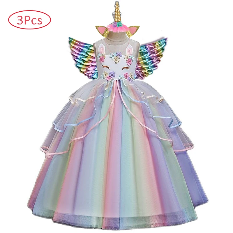 Prom Dress For Girls Carnival Costume Princess Dresses Unicorn Rainbow Elegant Children Birthday Wedding 3 to 12 Y | Детская одежда и