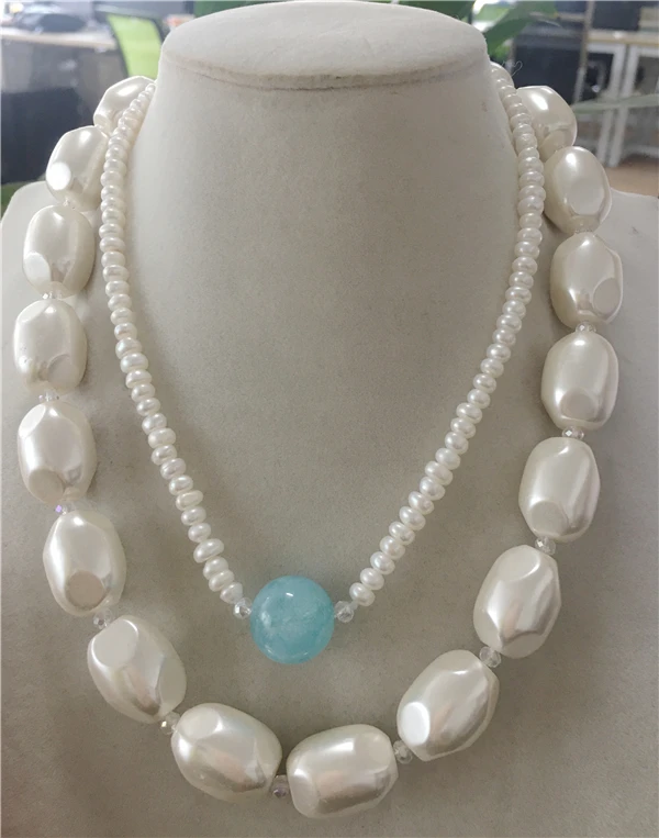 

HABITOO Rare 2 Strand White Freshwater Pearl Aquamarine Pendant Big Irregular Shell Pearl Necklace for Women Fashion Jewelry