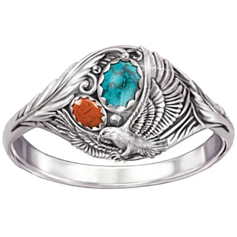 

Exquisite Vintage Engraving Eagle Feather Turquoise Ring Elegant Ladies Wedding Party Geometric Geometric Eagle Feather Ring