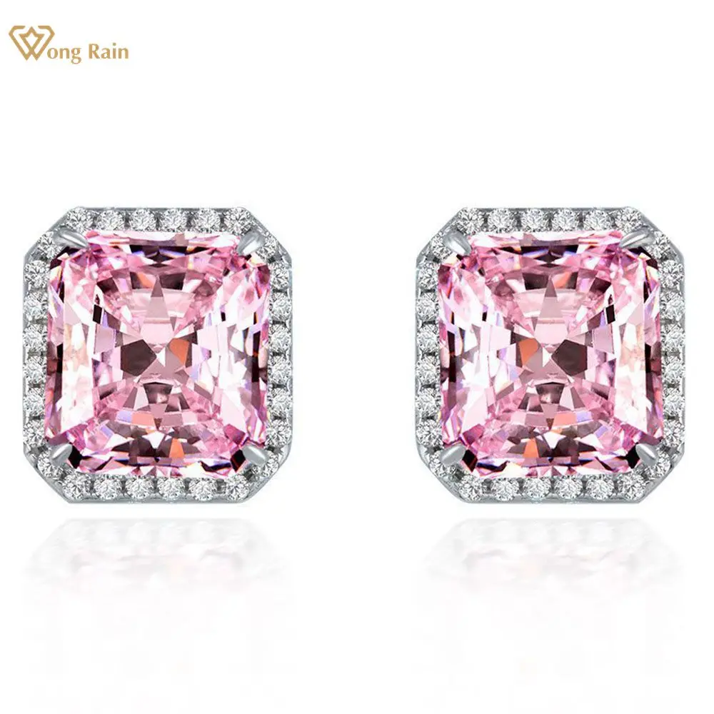 

Wong Rain 925 Sterling Silver 10*11 MM Pink Created Moissanite Gemstone Wedding Party Ear Stud Earrings Fine Jewelry Wholesale