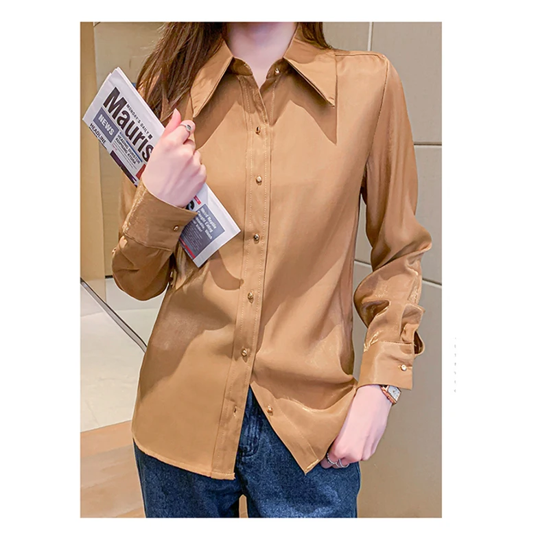 

LJSXLS Spring Solid Color Turn-down Collar Shirts Women Fashion Button Long Sleeve Blouse Womens Casual Gloss Female Clothing