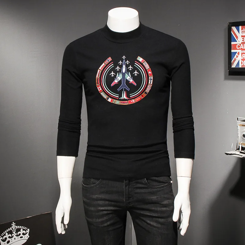 

Black Gray Designer US Air Force Men T-shirts Fashion 2021 Autumn Winter Thick Aircraft Embroidery Long Sleeve Male T Shirt 8319