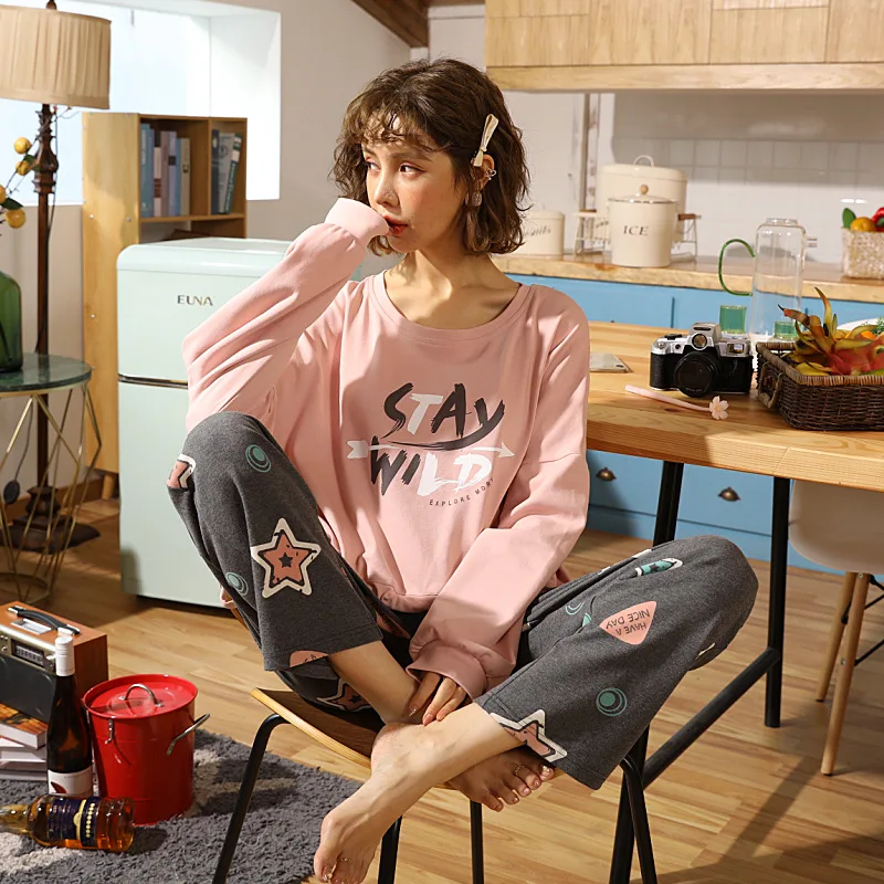 Женские пижамные комплекты из 100% хлопка весенняя одежда для сна с длинным