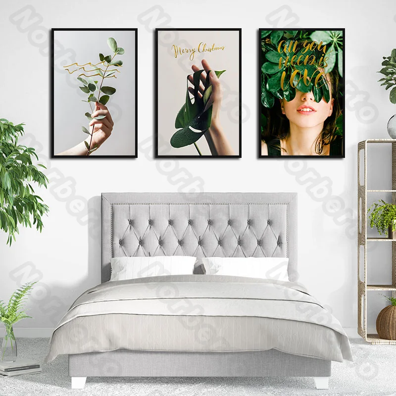 

Modern Style Canvas Painting Poster Green Plants Attractive Woman Covering Eyes Letters Merry Christmas for Home Rooms Decoratio