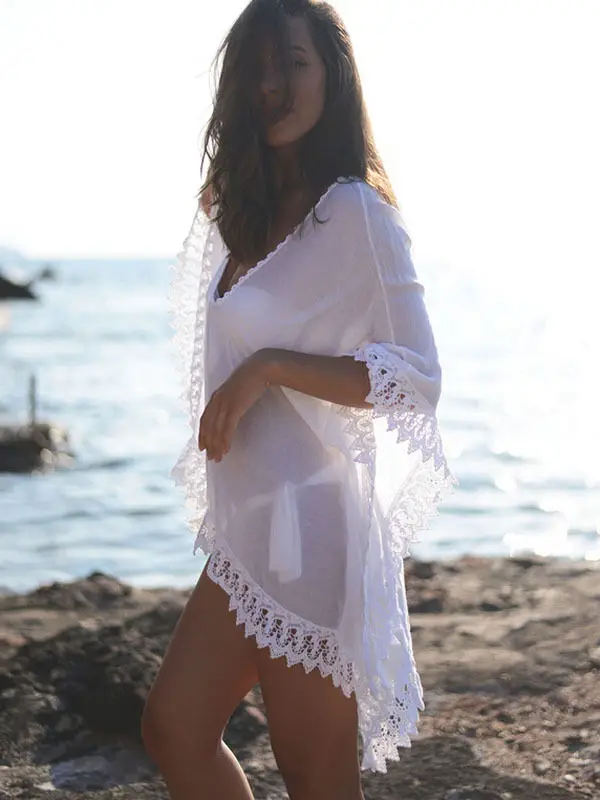 

Crochet Cover Up Sexy Women Beach Wear Swim Bikini Short White Hollow Out Swim Suit Swimwear Beach Dress