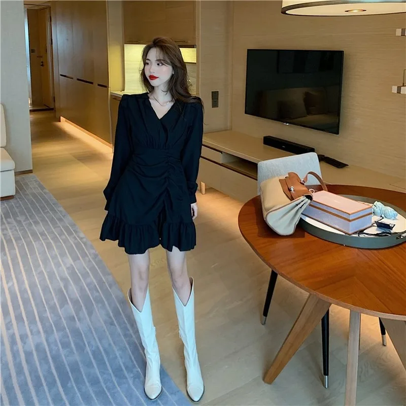 

Loose Elegant Dress Women Casual Long Sleeve Sexy One-piece Dress Korea Evening V-neck Party Fairy mini Dress Female Autumn