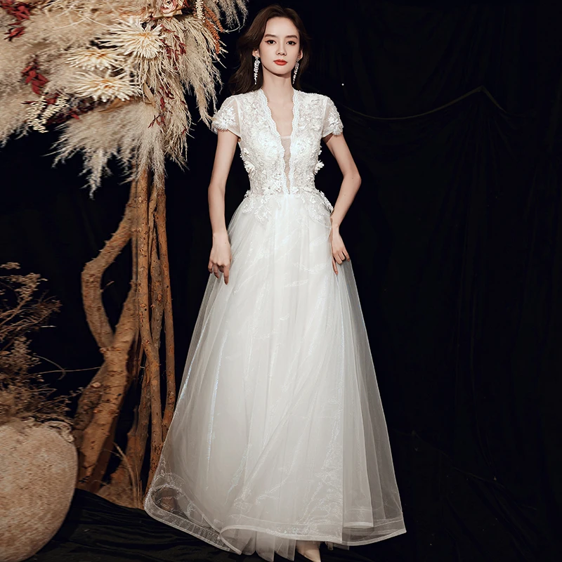 

White Deep V-Neck Evening Dress Embroidery Short Sleeves Luxurious Foor-Length Appliques Backless Woman Formal Party Gowns A1474