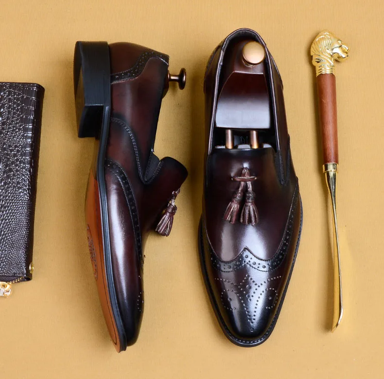 

Japanese Style Casual Men Shoes Genuine Leather High Quality Formal Dress Shoes Loafers Business Wedding Tassel Brogue Shoes