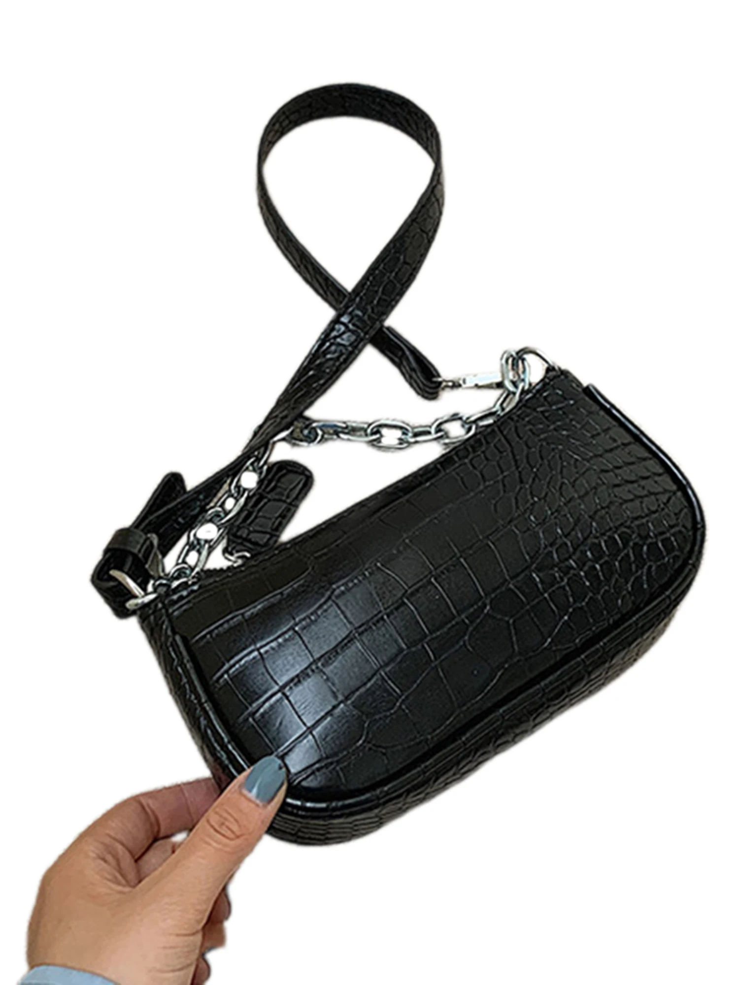 

Fashion Women Crocodile Print Shoulder Bag PU Leather Crossbody Bag Adjustable Strap Chain Handle Handbag Solid Color Street Bag