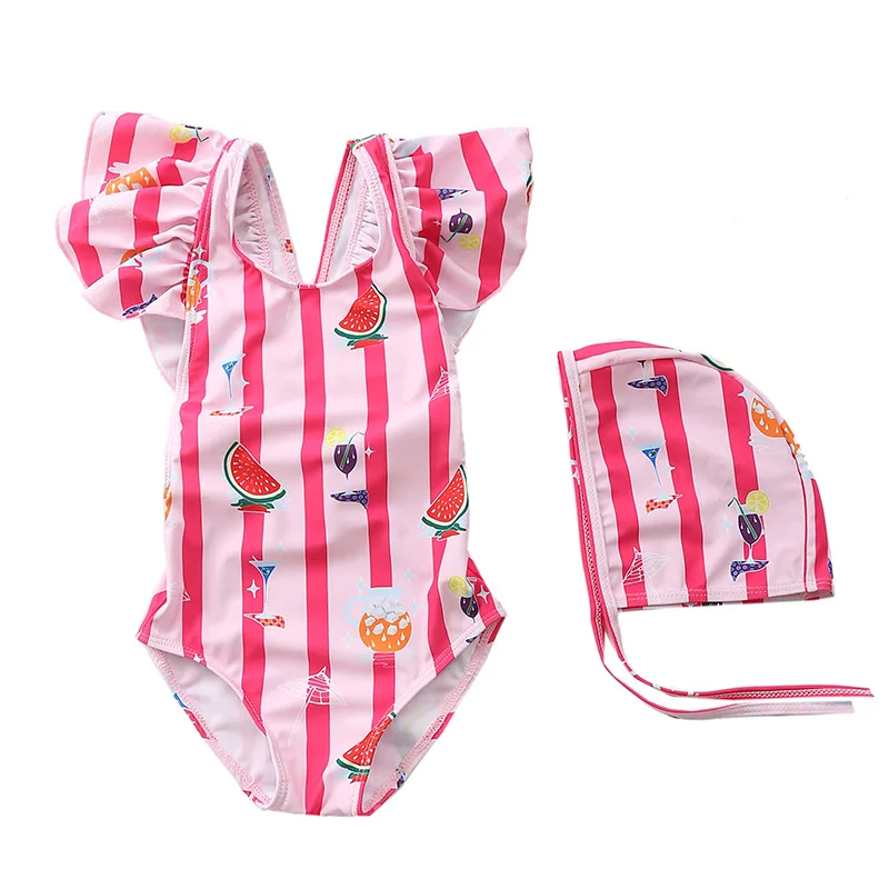 

0-6 Years Toddler Baby Girls Swimsuit Ruffled Criss Cross Back One Piece Swimwear With Sun Hat Strawberry Infant Beach Monokini