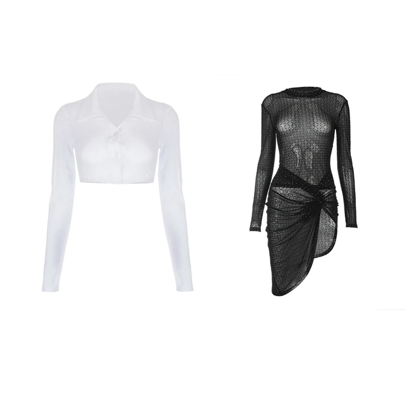 

1 шт. топы из сетчатой пряжи, подходящие ко всему топы из сетчатой пряжи, S и 1 шт. женское Прозрачное платье с длинным рукавом и круглым вырезо...