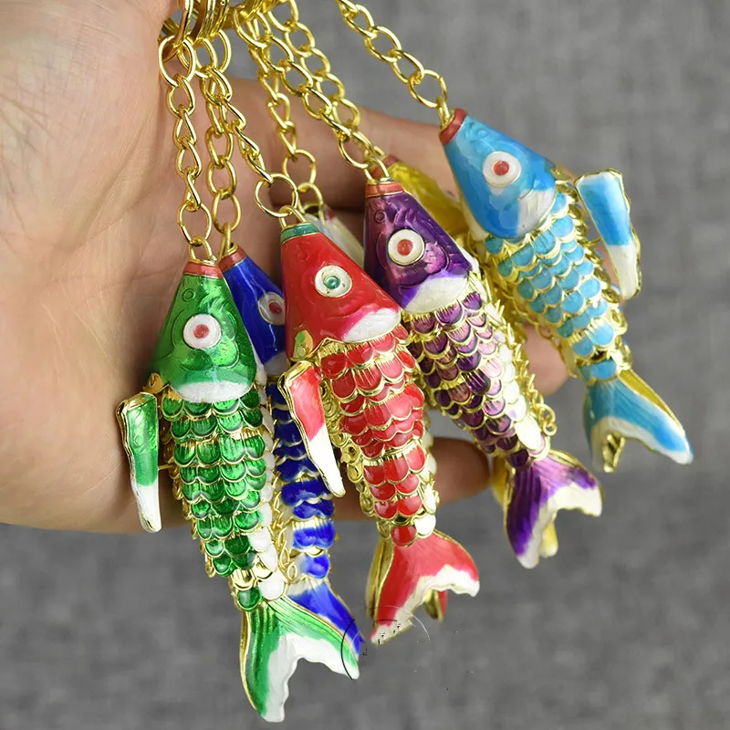 10pcs Swing Enamel Fancy Koi Fish Key Chain Handwork Key Ring Cute Cloisonne Animal Carp Keychains Guest Return Gifts with box