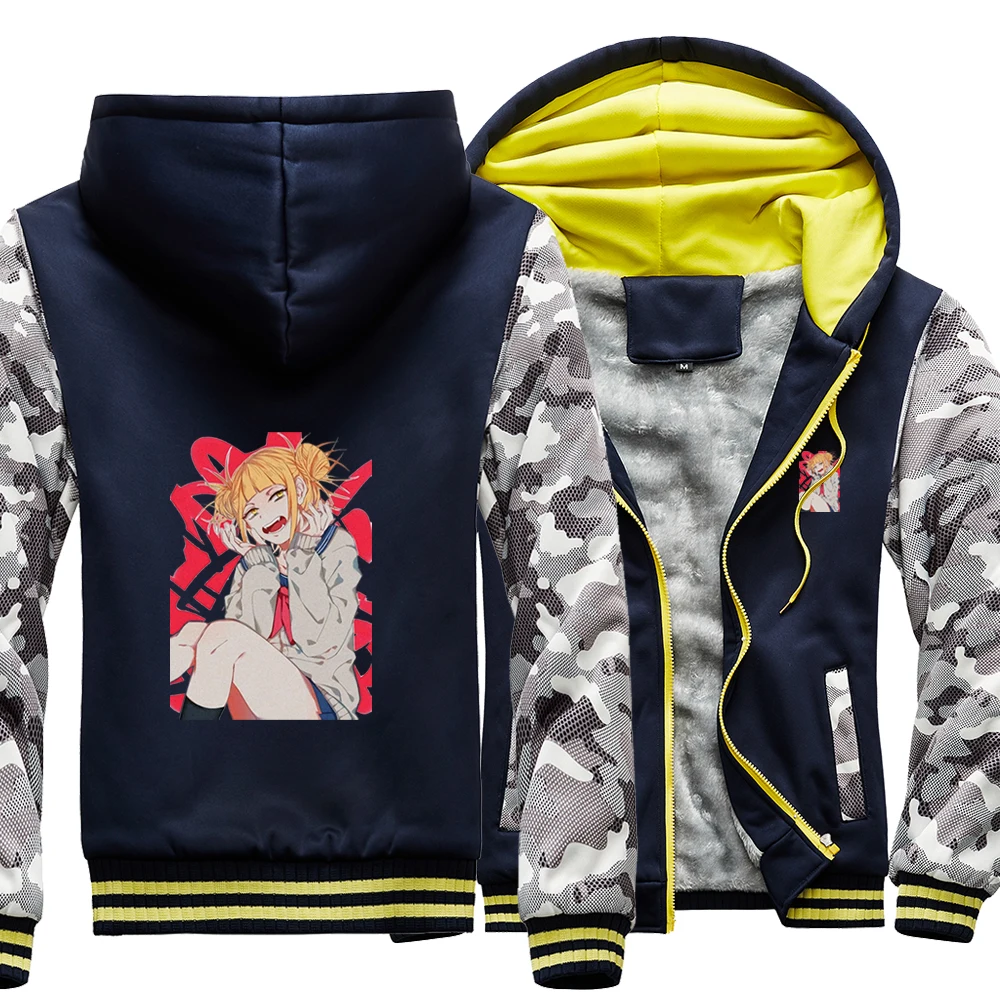 

My Hero Academia Japanese Anime Himiko Toga Camo Raglan Thick Hoodies Winter Warm Printed Sweatshirts Coat Men Fitted Jackets