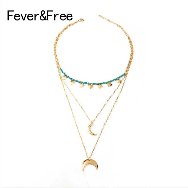 

Fever&Free Gold Color Tiny Round Long Necklace Pendants For Women 3 Layers Crescent Moon Necklaces Jewelry Collares De Moda