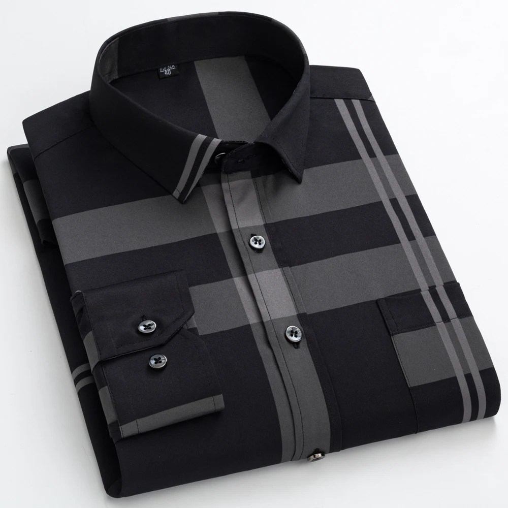

Men's Wrinkle-Free Casual Striped Printed Shirts Patch Pocket Long Sleeve Standard-fit Soft Thin Easy Care Shirt Clothing