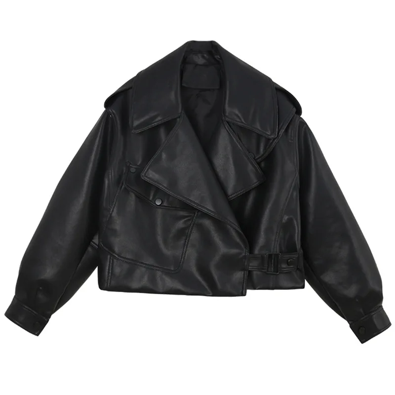Женская свободная куртка из искусственной кожи, однобортная мотоциклетная куртка с отложным воротником, уличная хипстерская модная куртка...