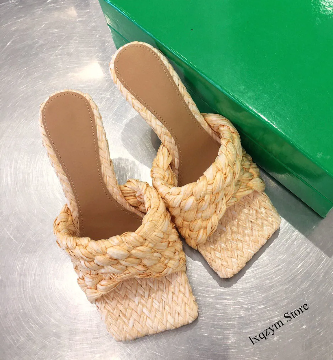 

2021 Cross Woven Brand High Heels Mules Slippers Women Braid Designer Slides Summer Party Shoes Ladies Zapatos Mujer