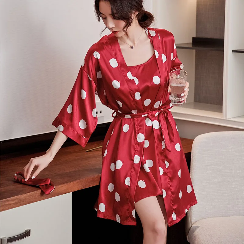 3PCS Silk Satin Sexy Lingerie Nightgowns Robes Set Headband 2021 Women Spring Polka Dot Bathrobes Sleepwear Nightdress Suit