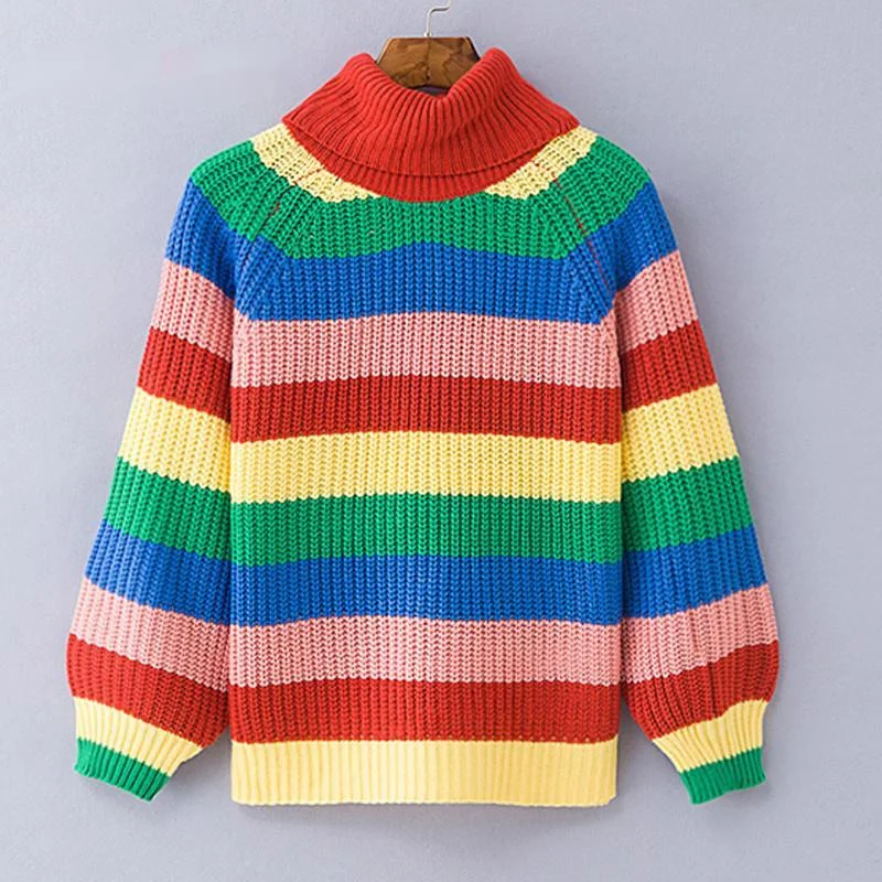 

Женский трикотажный свитер в полоску, с высоким воротником и длинным рукавом