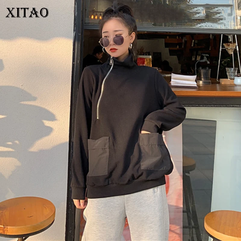 XITAO/трикотажная толстовка с воротником под горло черного цвета пуловер длинными