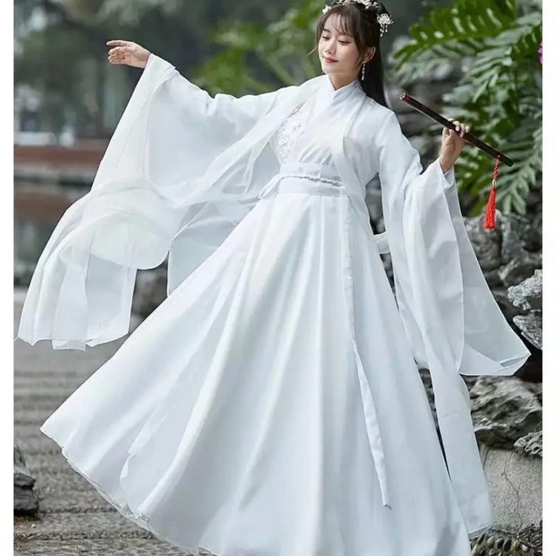Xinhuafease-Vestidos Hanfu blancos, traje de Hada de estilo chino, traje fresco tradicional de manga ancha, actuación folclórica Oriental antigua