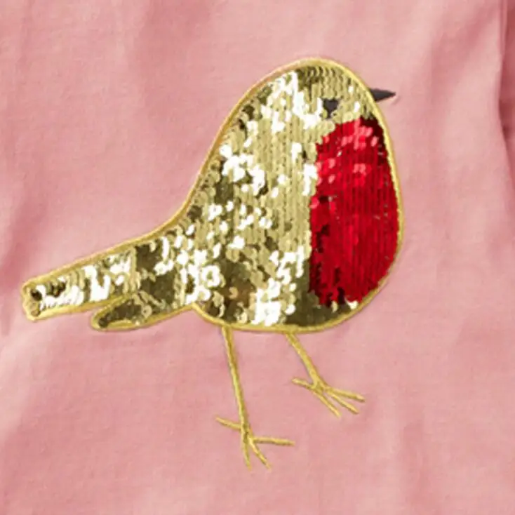 2019 Осенняя хлопковая Футболка с блестками и птицами для маленьких девочек