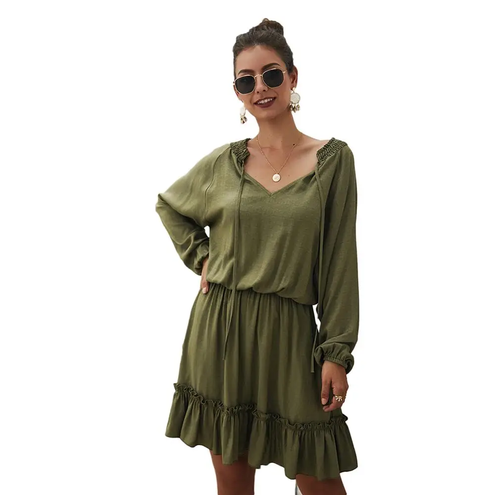 Женское платье с длинным рукавом и v образным вырезом свободное повседневное