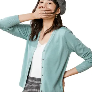 Женский вязаный кардиган на пуговицах, однотонный тонкий короткий свитер с V-образным вырезом и длинным рукавом