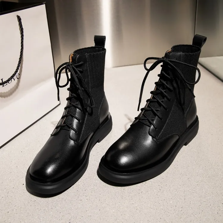 

MLJUESE 2021 women Ankle boots Cow leather winter short plush black color round toe lace up high heels female ankle riding boots