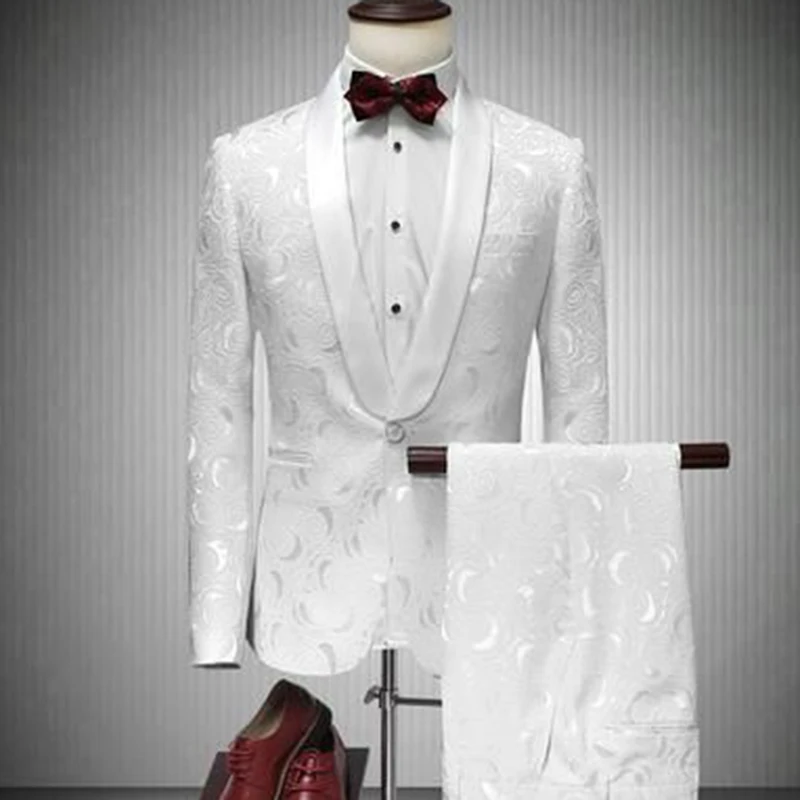

Custom Made White Jacquard Suit Men Set Slim Fit Groomsmen Groom Marriage Wedding Dress Tuxedo Prom Blazer With Pants 2 Pieces