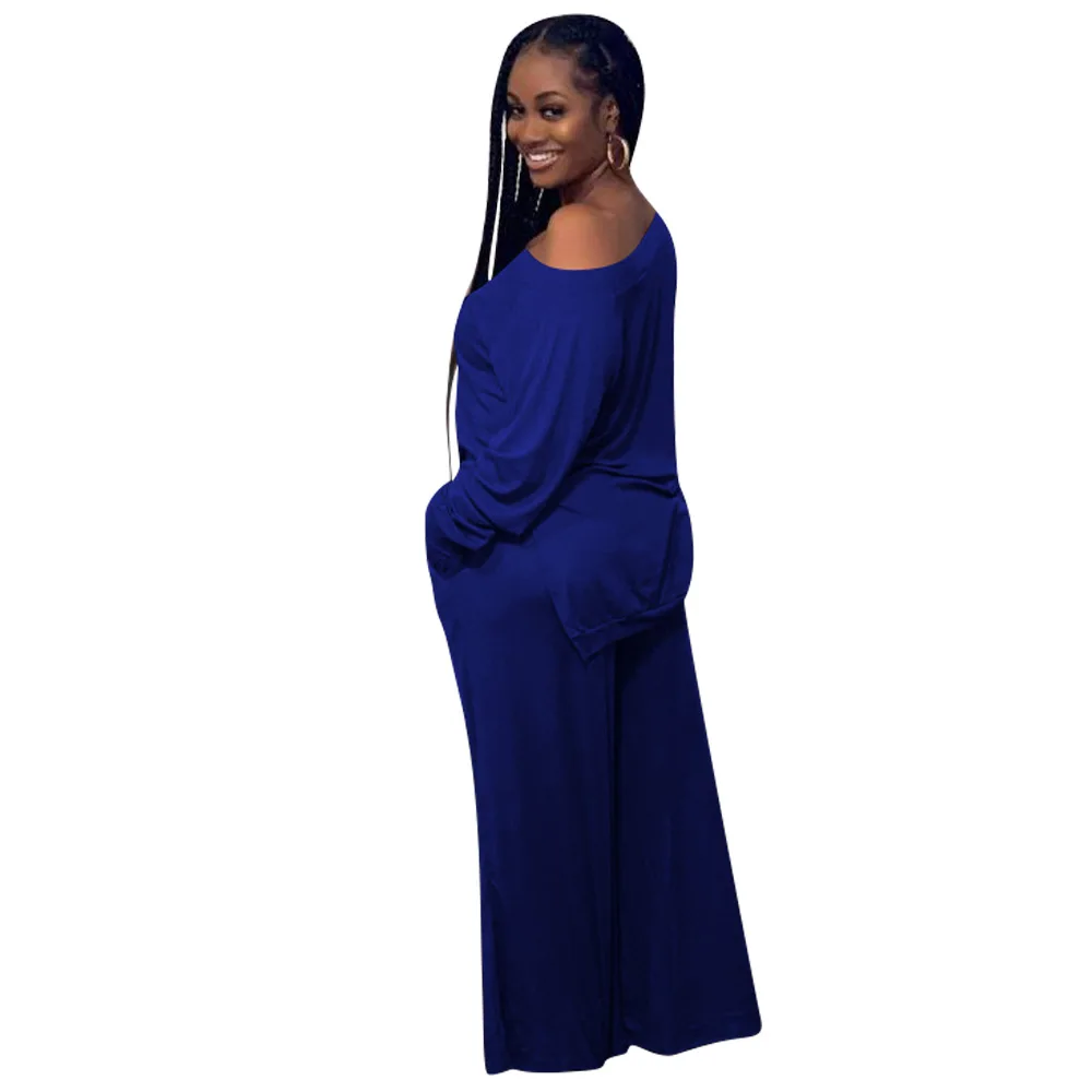 

Off Shoulder Full Sleeve Loose T-shirt Top and Wide Leg Trouser Pant Two Piece Set Women Solid Casual Side High Split Clothing