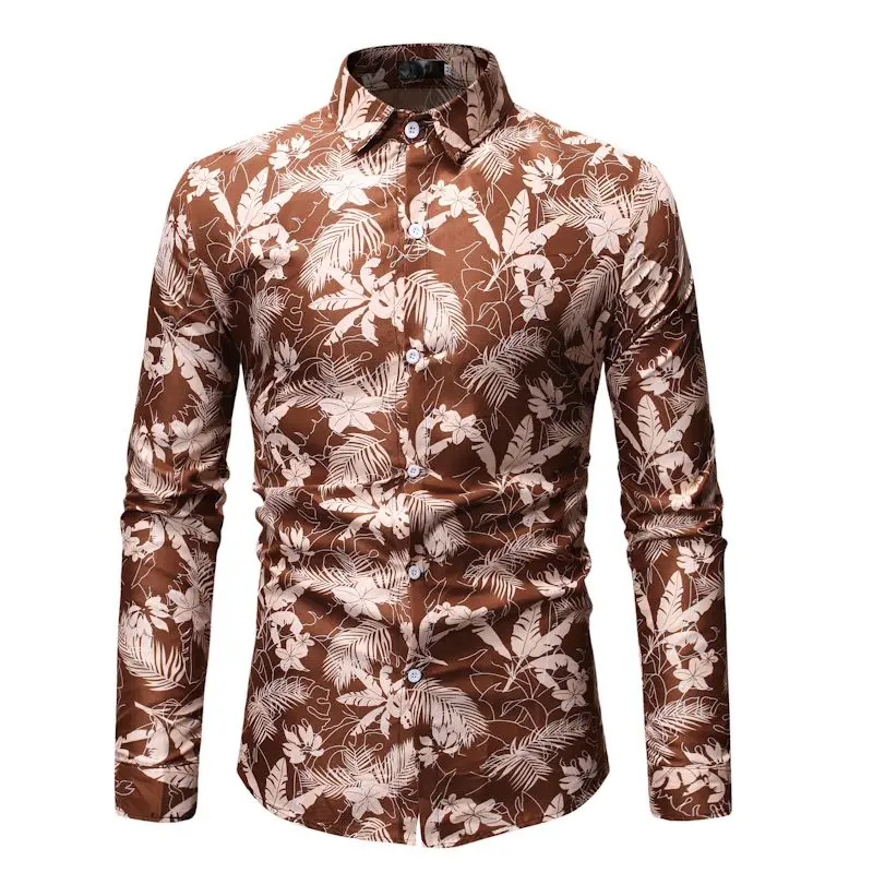 

Leaf Print Casual Shirt Men 2021 Autumn New Slim Fit Long Sleeve Button Down Dress Shirts Mens Party Holiday Shirt Chemise Homme