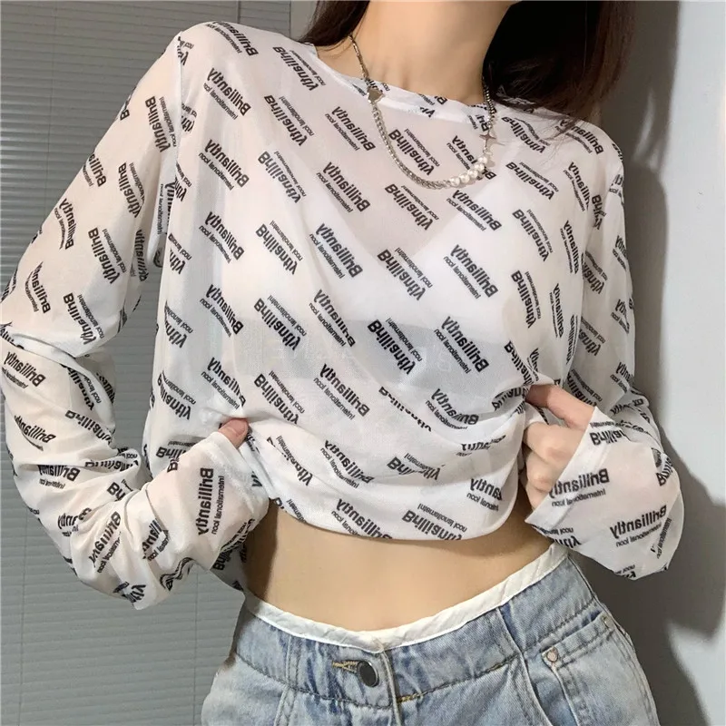 Футболка прозрачная полупрозрачная с длинным рукавом и надписью Karrram