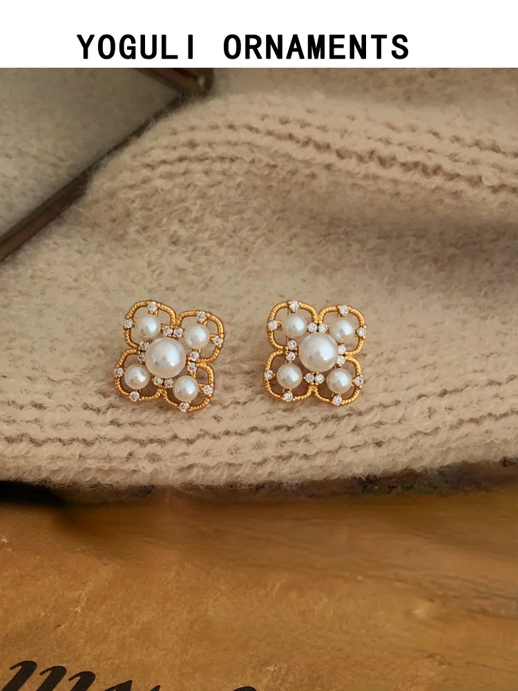 

S925 needle Women Jewelry Vintage Pearl Earring Pretty Design High Quality Shiny Crystal Elegant Stud Earrings For Party Gifts