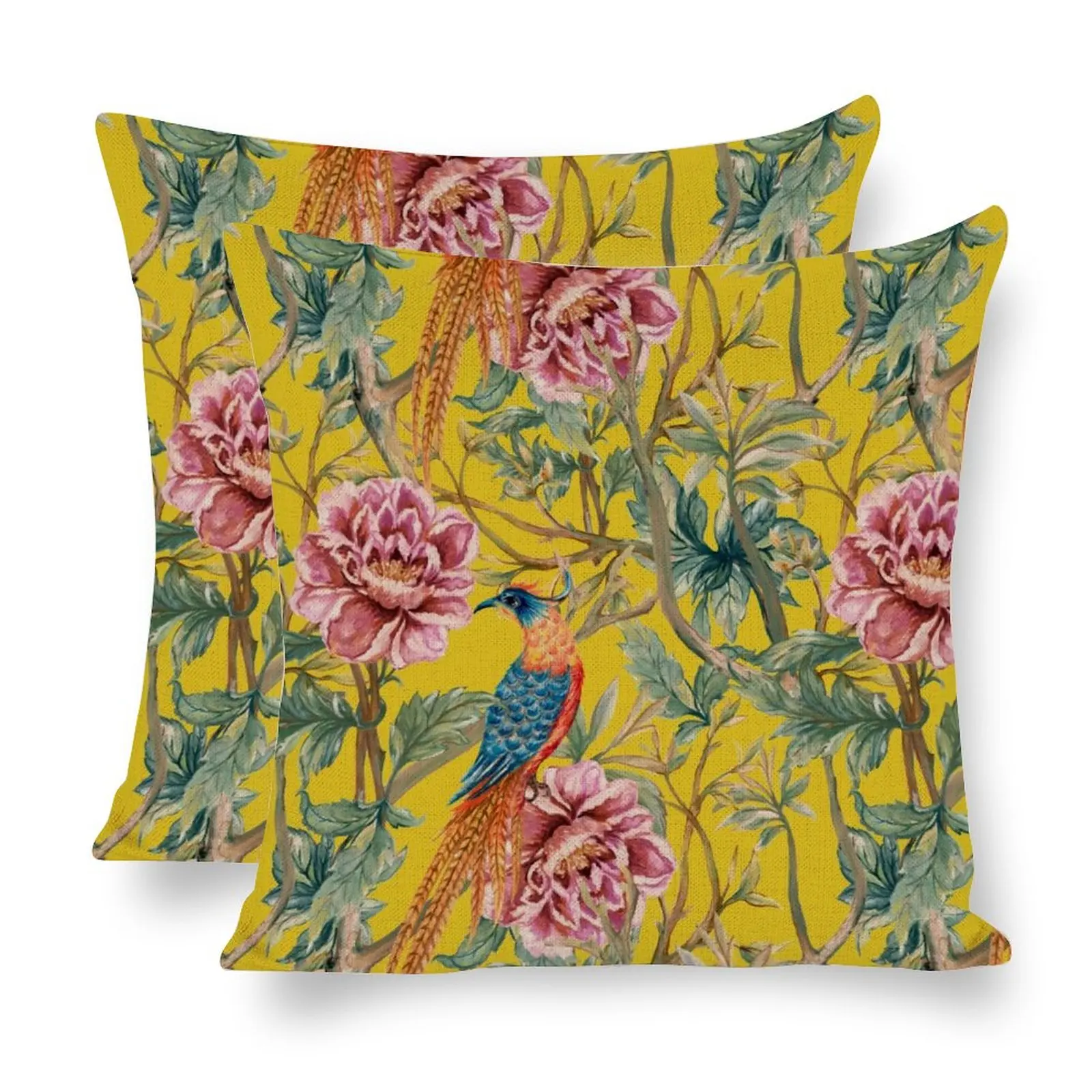 

Chinese Korean Japanese Style Pheonix Throw Pillow Linen Oriental Flower Retro Garden Decor Floor Pillow Living Room 18' Gift