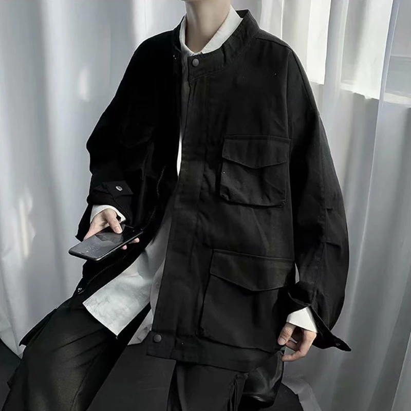 

Jacket Male Black Loose Casual High Street Jacket Mens Spring Autumn Multi Pocket Oversize Jackets Men's Clothes Plus Size S-3XL