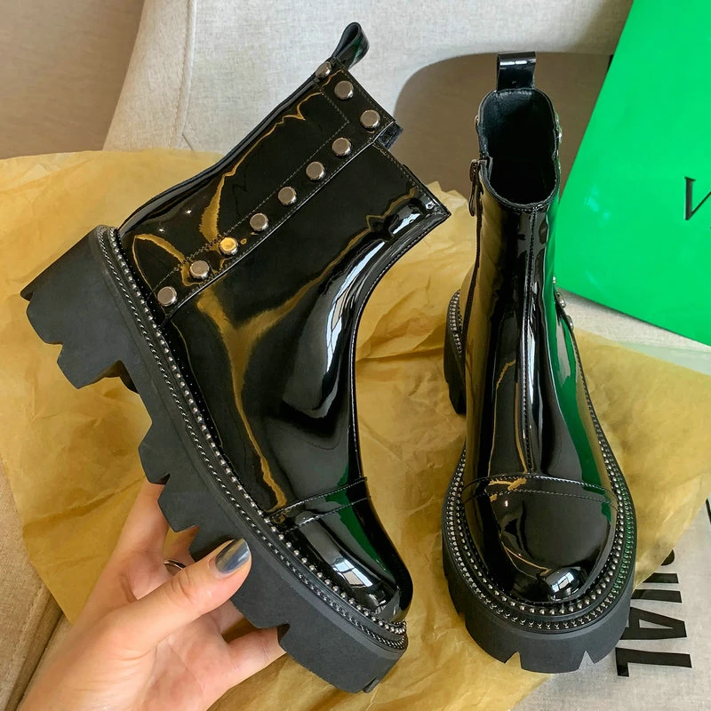 

Retro Round Toe Women Ankle Boots Genuine Leather Side Zipper Chunky high Heels Women boots Winter Party Shoes Woman