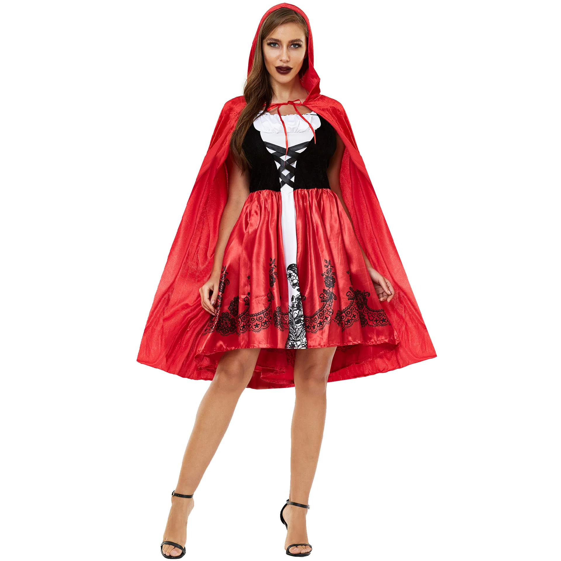 

Женская красная накидка на Хэллоуин с капюшоном, маскарадный костюм с капюшоном, готический костюм, праздничная одежда, костюм ведьмы