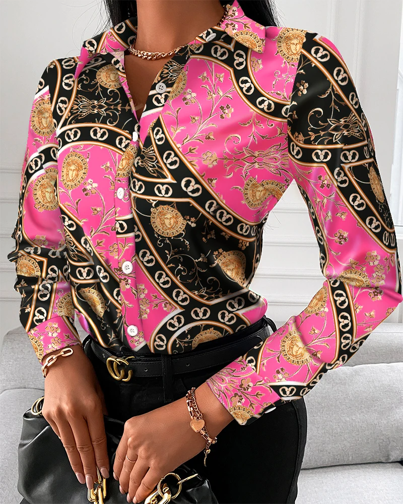 

2021 Women Fashion Baroque Print Button Up Long Sleeve Blouse Casual Long Sleeve Button Up Shirt Women Tops And Blouses Fashion