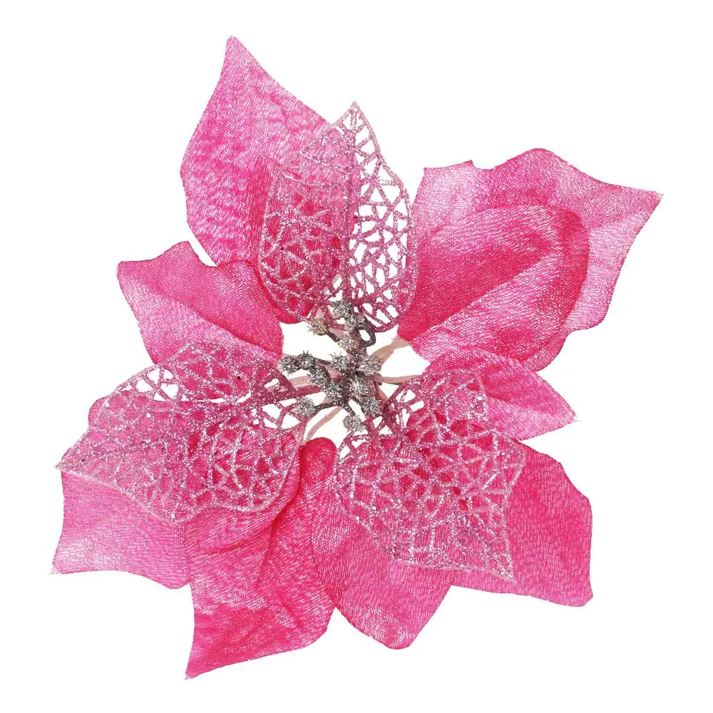 Pink(20cm) 12pcs/lot Artificial Christmas Flowers Plastic&Cloth Glitter Hollow Flower For Christmas Tree Decoration DIY Xmas New Year Decor - Цвет: Pink(20cm)