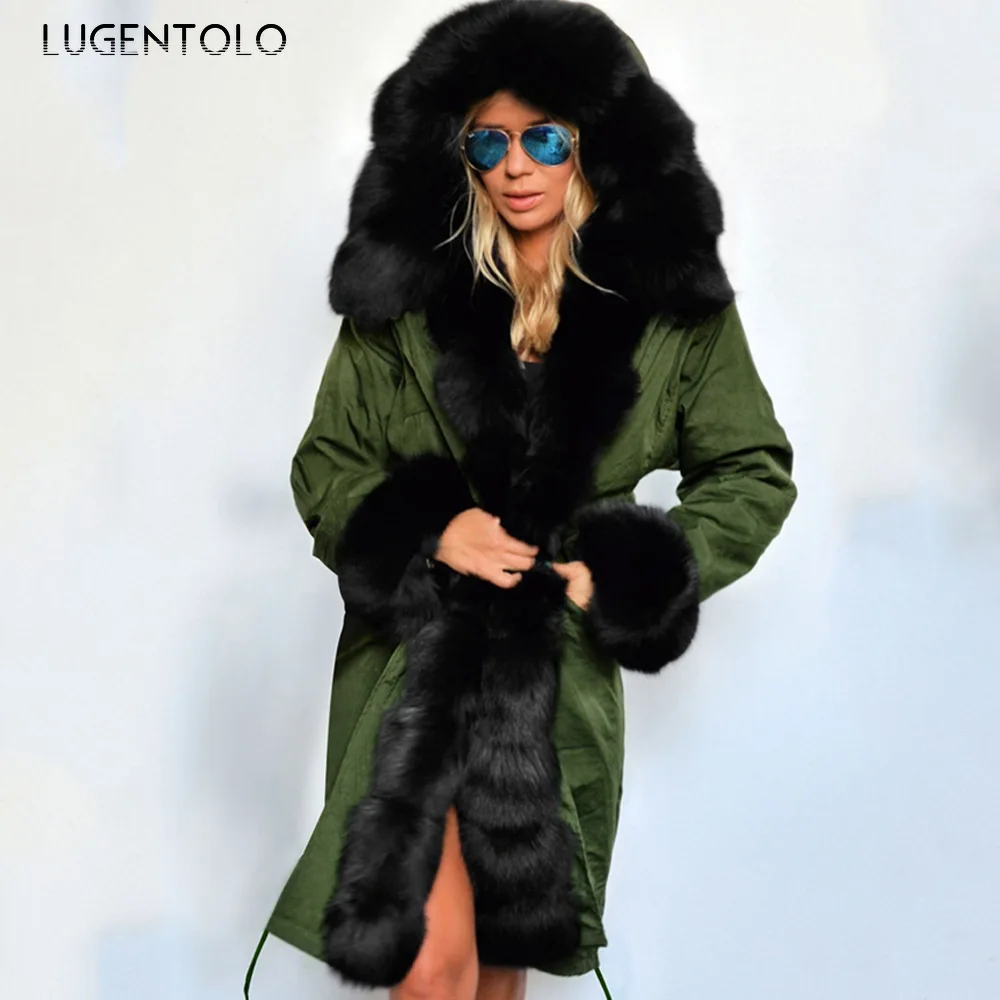 

Women Faux Fur Warm Coat Winter Hoodie Long Sleeve Coats Camouflage Print Fur Collar Female Fashion Faux Fur Lugentolo